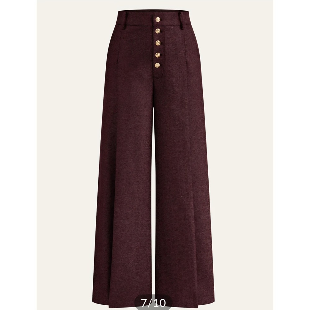 Commense Burgundy Wide Leg High Rise Dress Pants Lg Gold Button Fly Trousers NWT